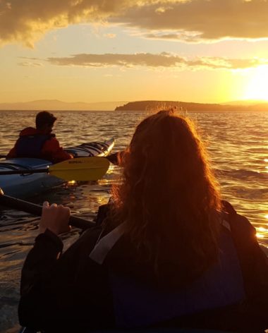 4 Coups de coeur en Gaspésie - Illustration: randonnée en Kayak au Forillon - Coucher de soleil