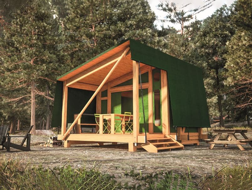 © Sépaq : style cubique minimaliste et offrant un look hybride entre la tente et le chalet,