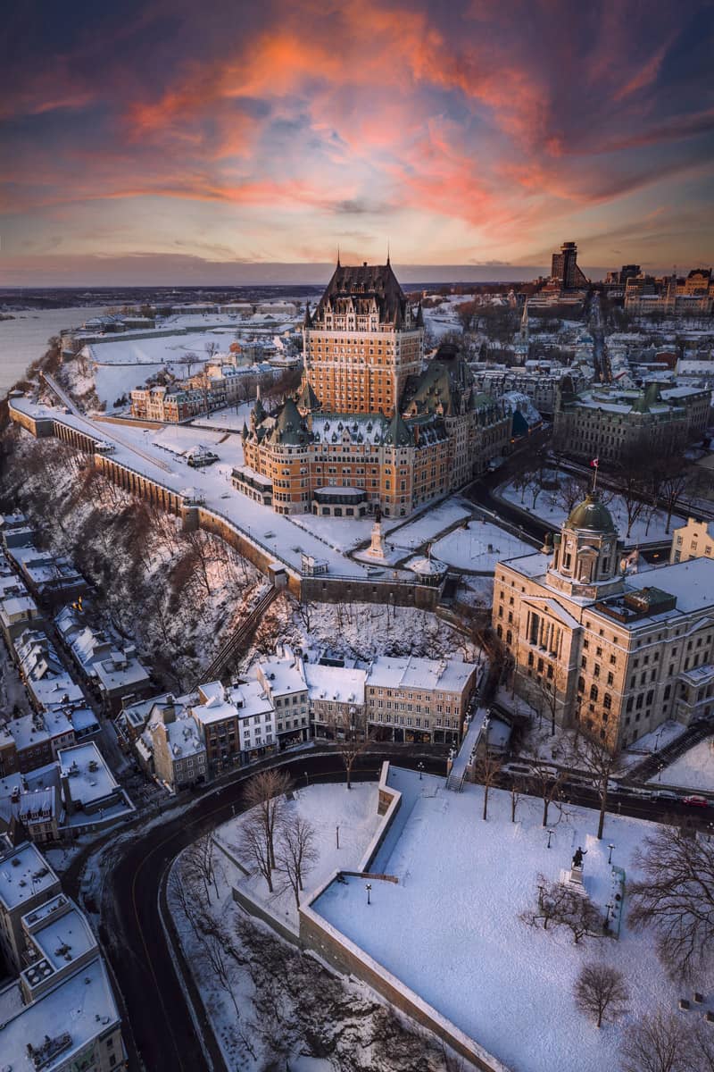 Ville de Québec en hiver : Vue aérienne du Vieux Québec - Photo Destination Québec Cité