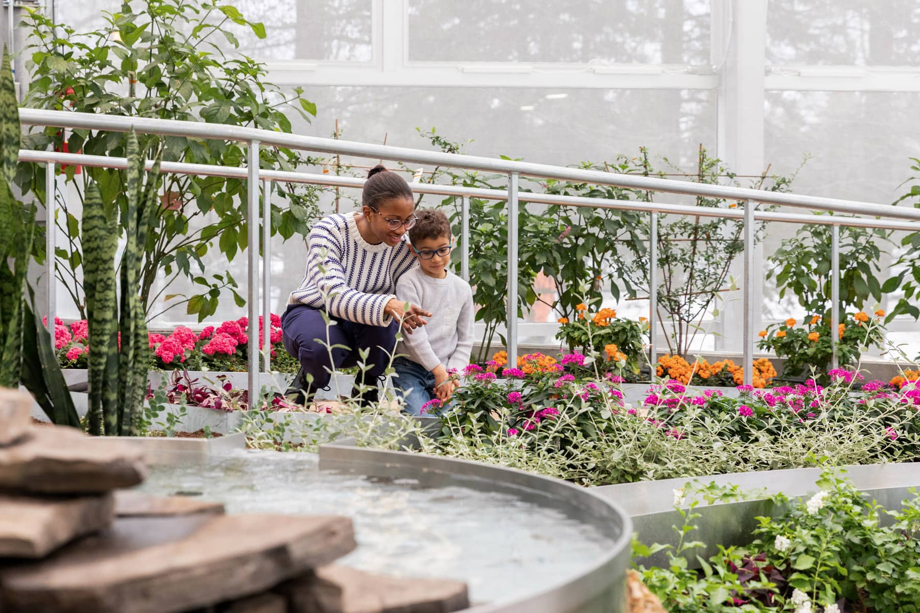 Une famille observe les papillons dissimulés dans la végétation du Grand Vivarium - Photo Mélanie Dusseault